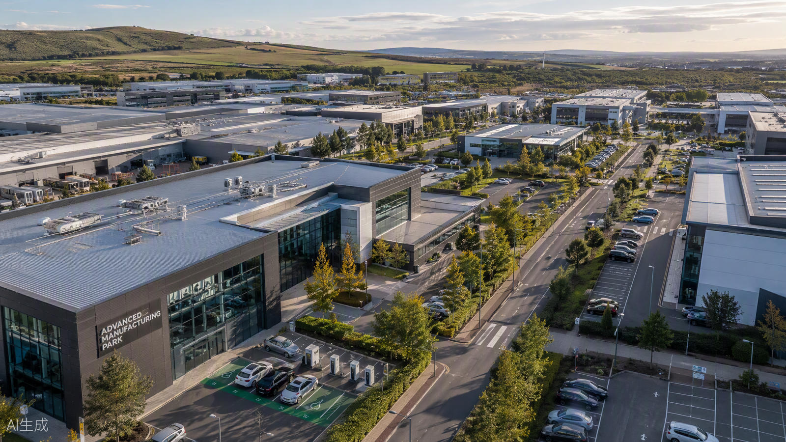 Aerial view of an advanced manufacturing technology park in South Yorkshire on reclaimed colliery land, with modern manufacturing units, research campus buildings and tree-lined avenues.