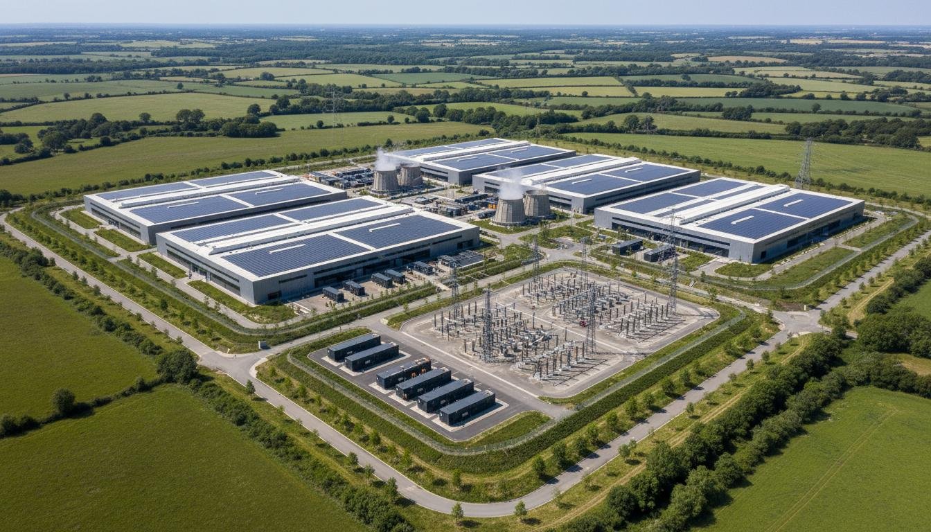 Aerial view of a hyperscale data centre campus on former industrial land — multiple buildings with rooftop solar, substation infrastructure, and extensive cooling systems.