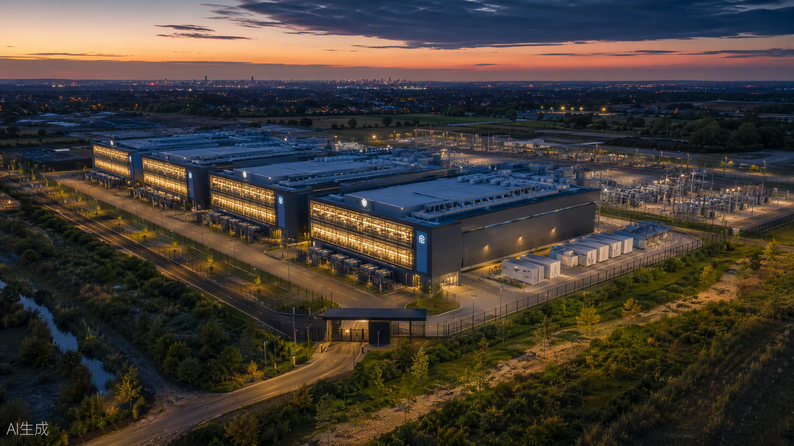Aerial twilight view of a hyperscale data centre campus on regenerated brownfield land, with three data hall buildings, cooling galleries, substation and battery storage.