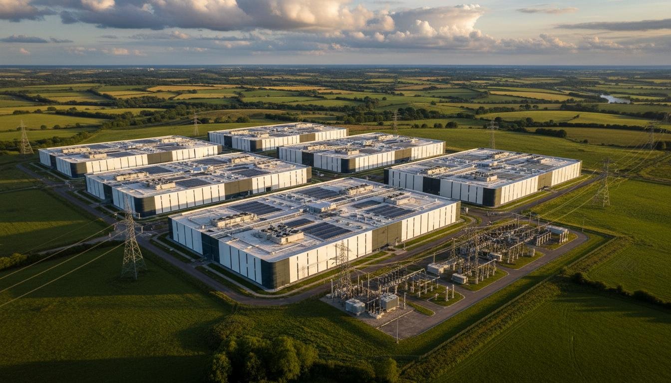 Aerial view of a hyperscale data centre campus on former brownfield land — 3 million sq ft of technical space with high-voltage substation, solar rooftops, and cooling infrastructure across six UK sites.