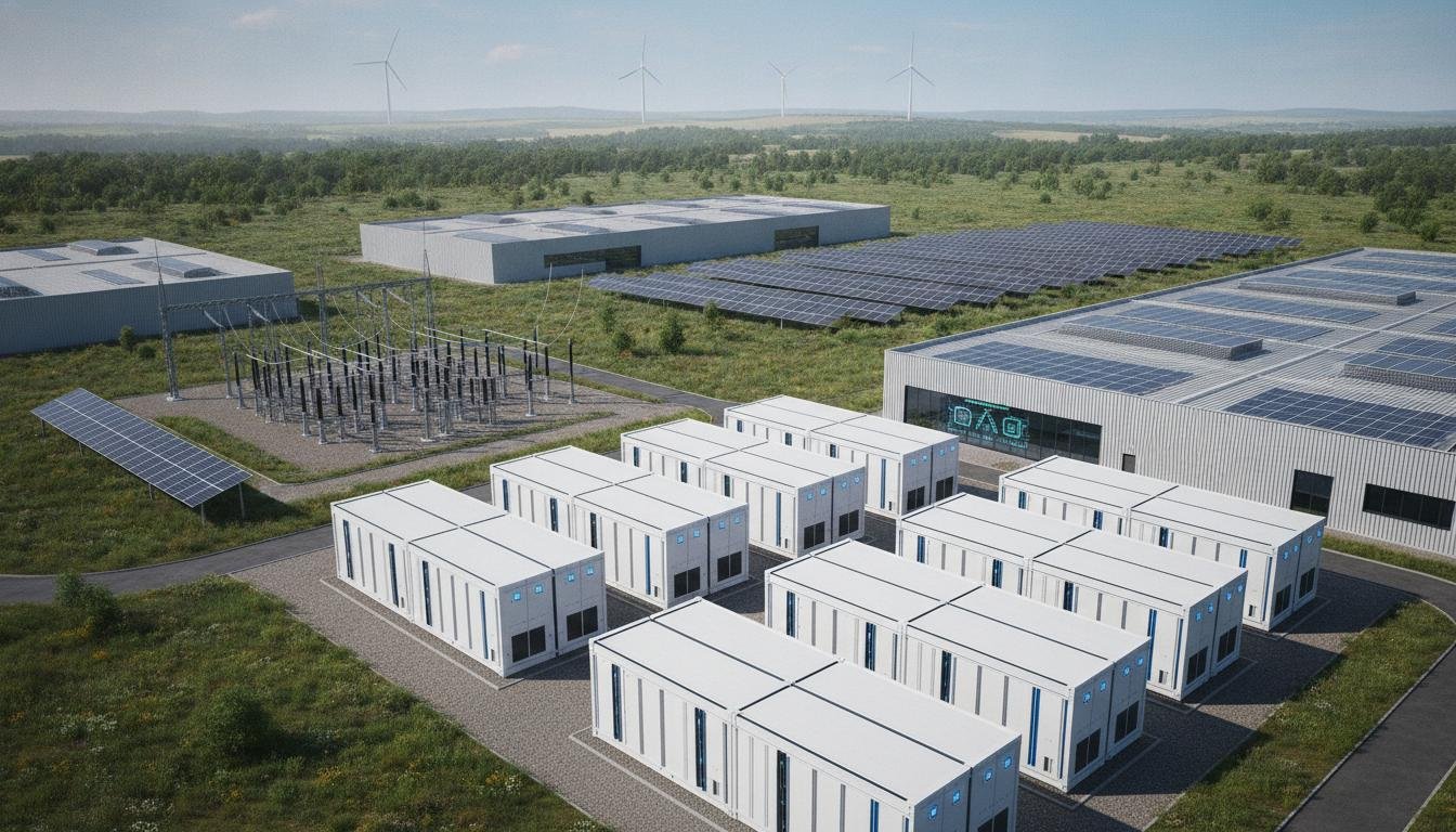 Futuristic energy infrastructure at an industrial site — graphene supercapacitor battery storage containers, extensive solar panel arrays, wind turbines, and smart grid control systems.