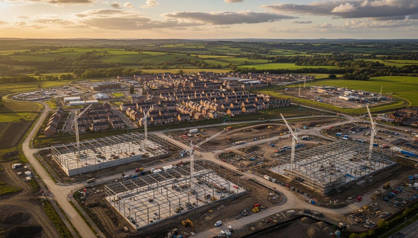 Aerial view of a major UK brownfield regeneration site — industrial buildings under construction, new residential housing, and remediated former coal mining land in the English Midlands.