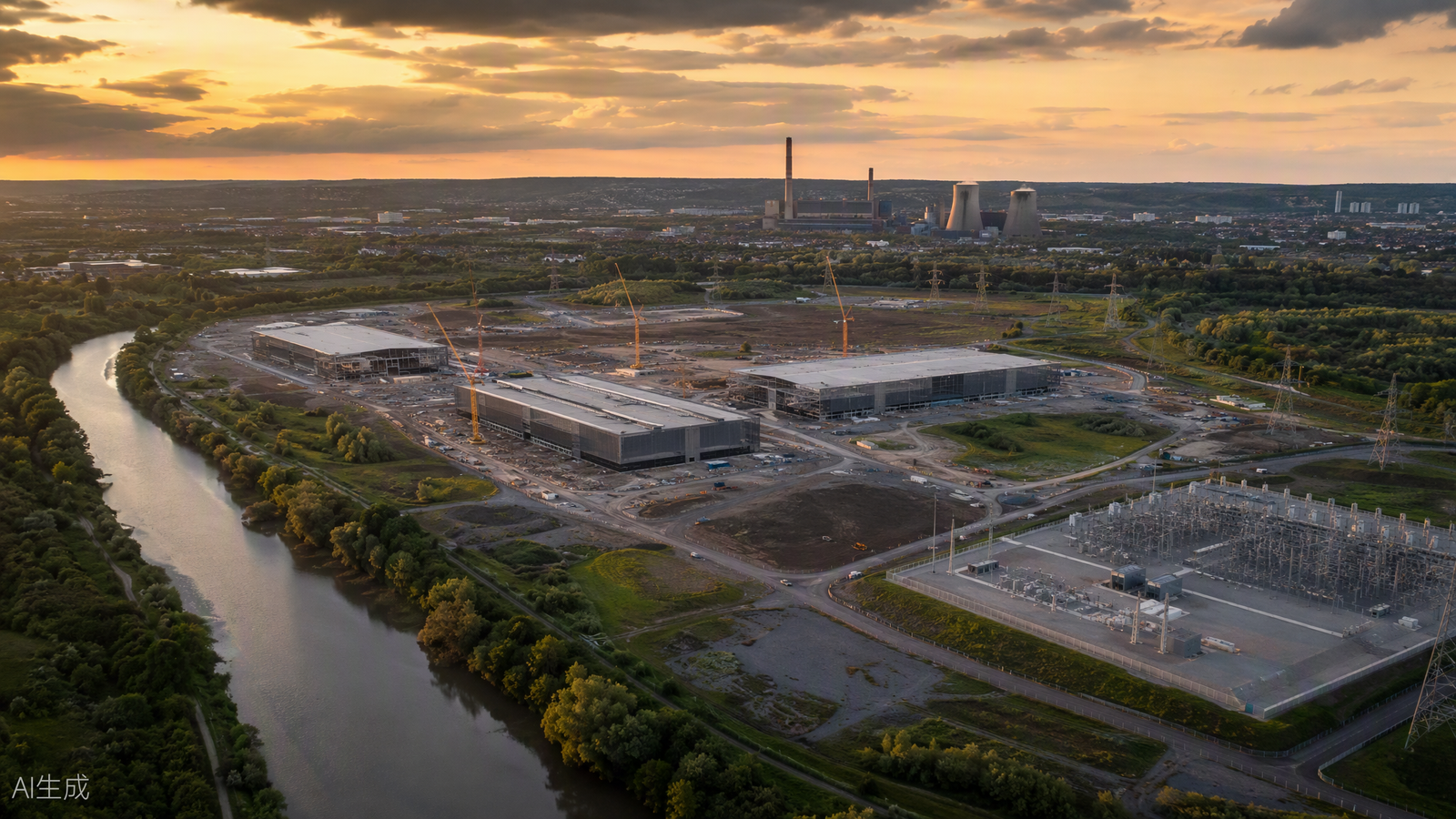 Aerial view at dusk of the former Site Alpha power station site in the North of England being regenerated into a hyperscale data centre campus, with data halls under construction, substation infrastructure and a nearby river.