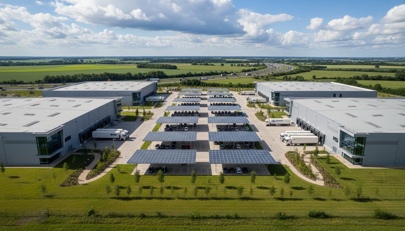 Aerial view of a modern UK industrial park with logistics warehouses, solar panel car park canopies, and HGV loading bays.