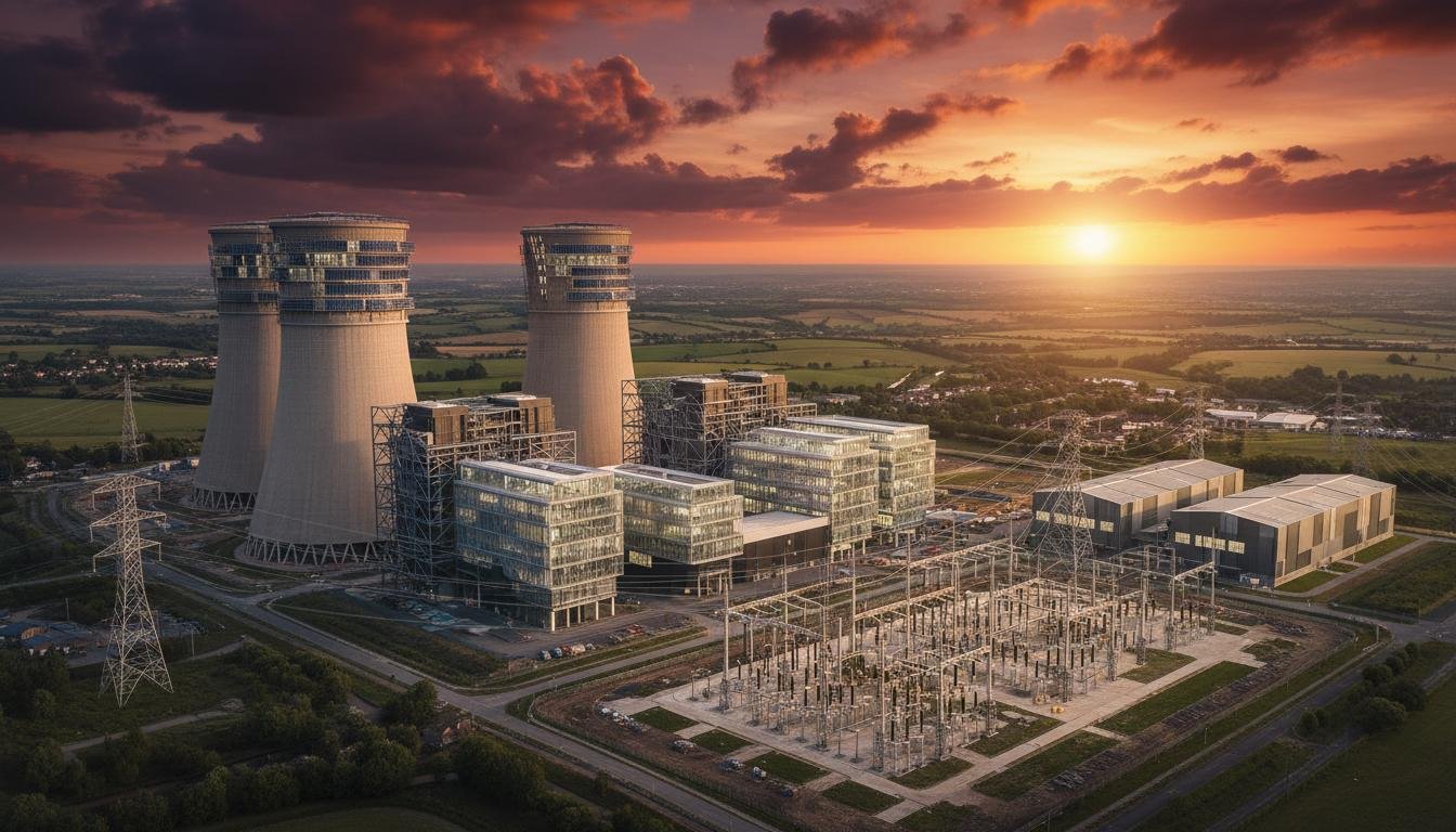 Dramatic sunset view of a former UK coal power station site being redeveloped into a modern data centre campus, with cooling towers and high-voltage substation infrastructure.