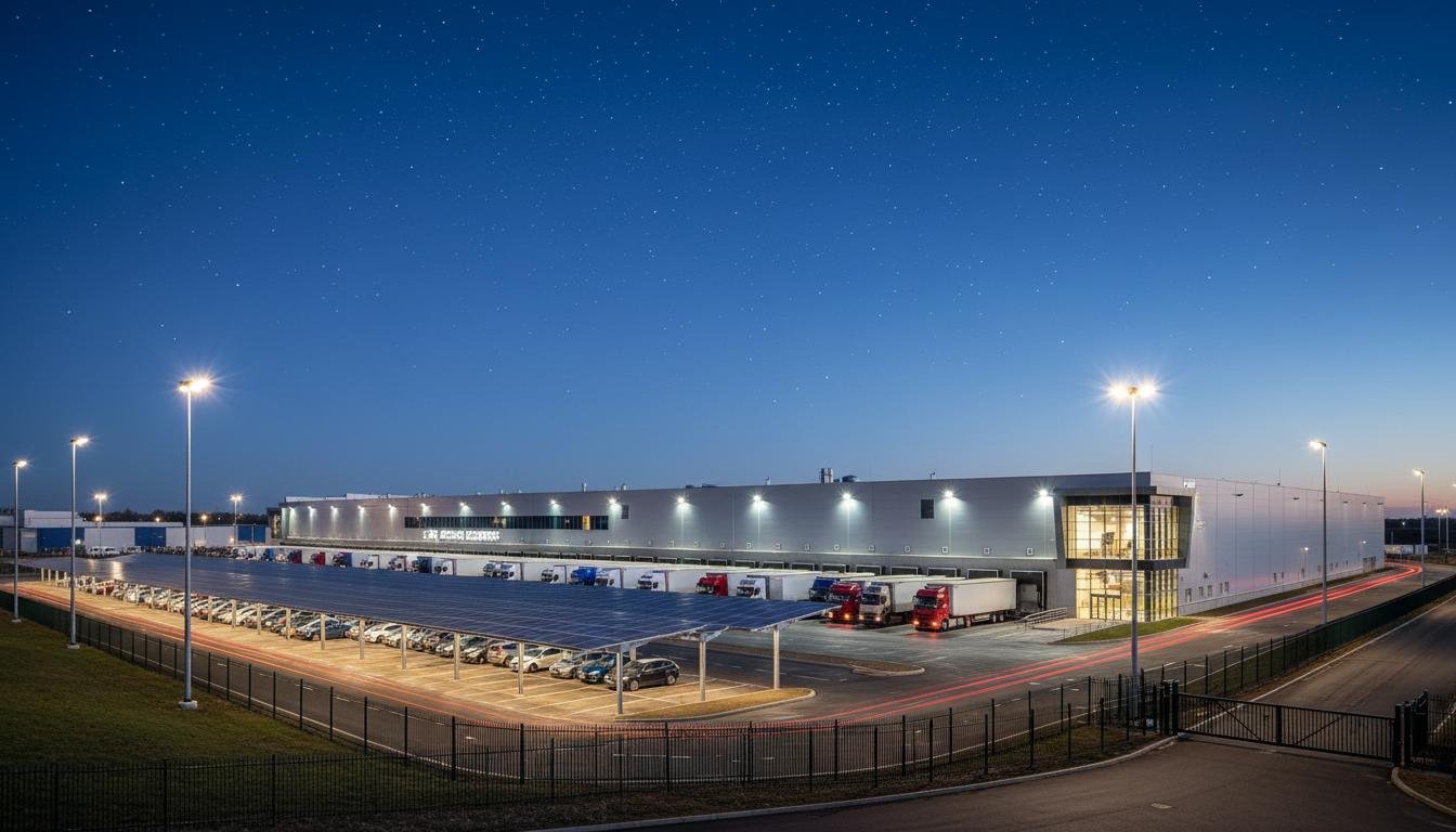 Modern UK distribution hub at twilight with LED lighting, HGV trucks at loading bays, and solar panel car park canopies under a starry sky.