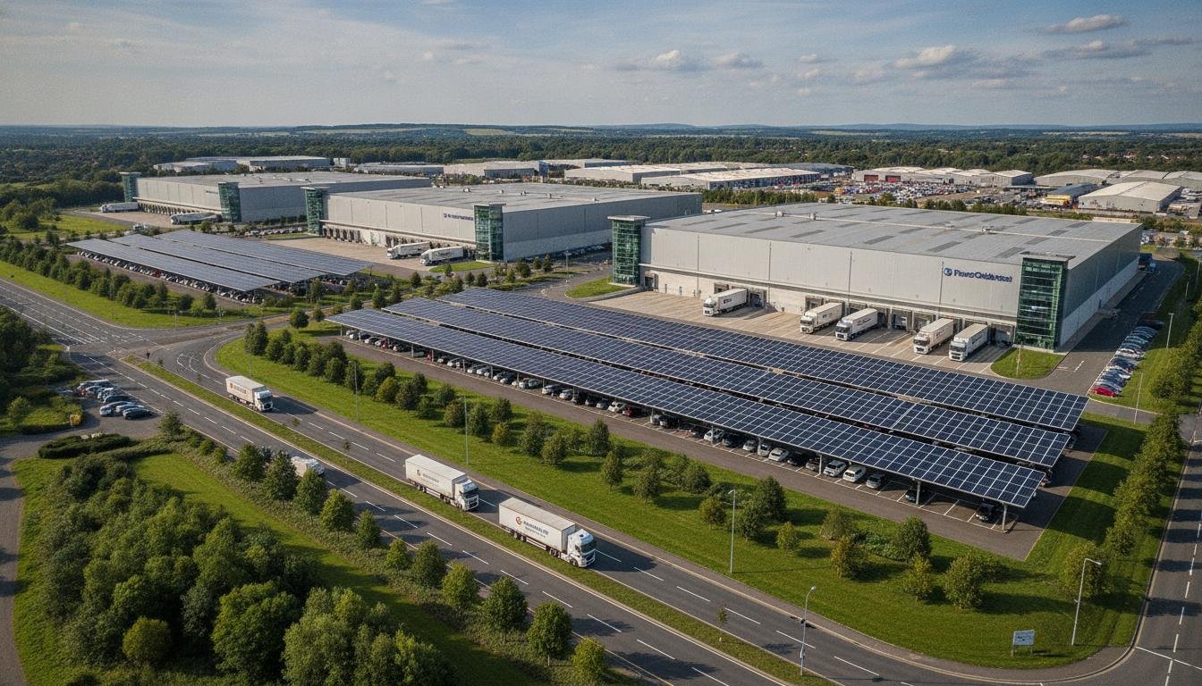 Aerial view of a modern UK logistics and distribution hub with solar panel canopies, HGV loading bays, and extensive warehouse facilities.