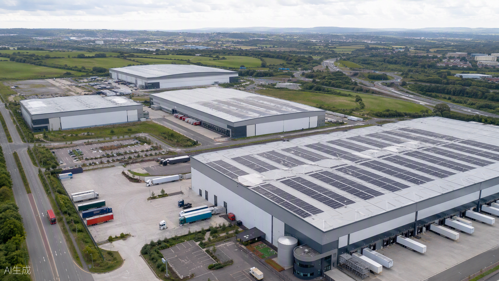 Aerial view of a modern UK logistics park with Grade A big-box warehouses, rooftop solar panels, HGV service yards and a motorway junction in the distance.