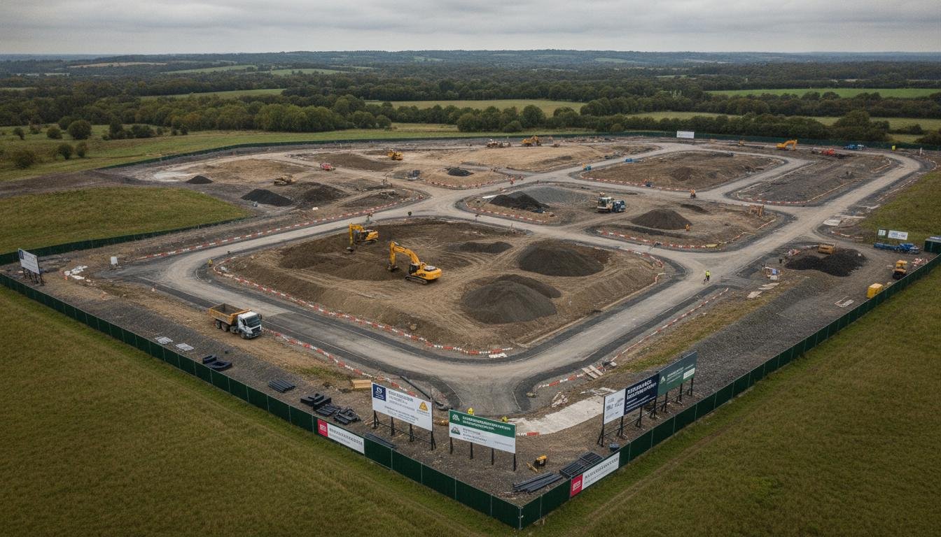 Aerial view of a former UK coal mining site undergoing brownfield remediation — earthworks, heavy machinery, and site preparation for new development.