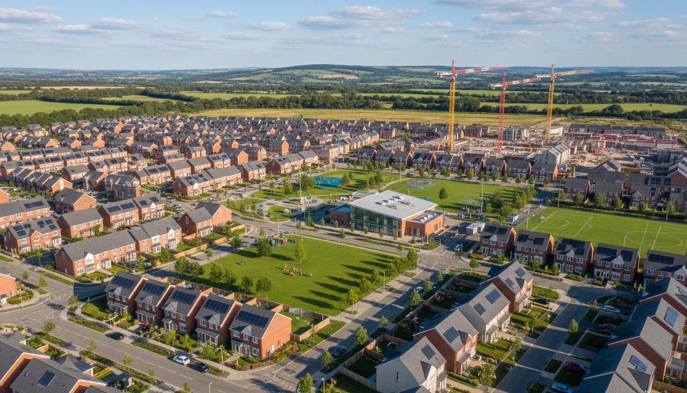 Aerial view of a large-scale UK residential development on former brownfield land — hundreds of modern homes with solar panels, green spaces, and community facilities under construction.