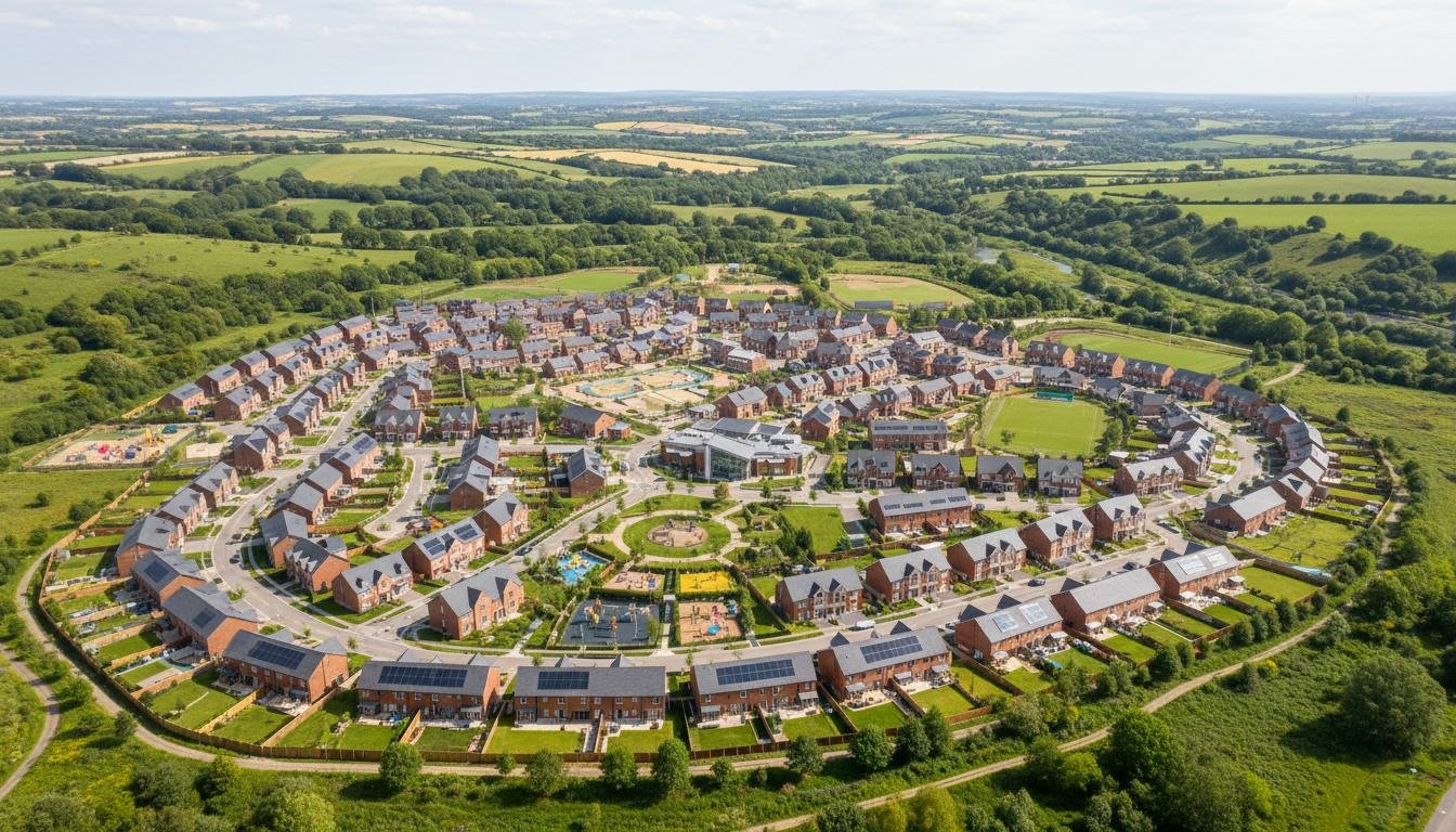 Aerial view of a large-scale UK residential development on brownfield land — hundreds of modern homes with solar panels, green spaces, and community facilities.