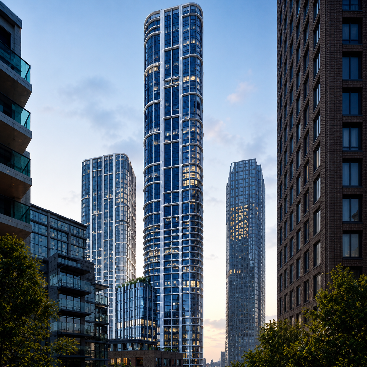 Dramatic dusk view of both Vauxhall Cross Island towers.