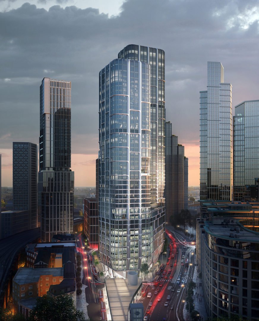Aerial view of Vauxhall Cross Island within the VNEB Opportunity Area.