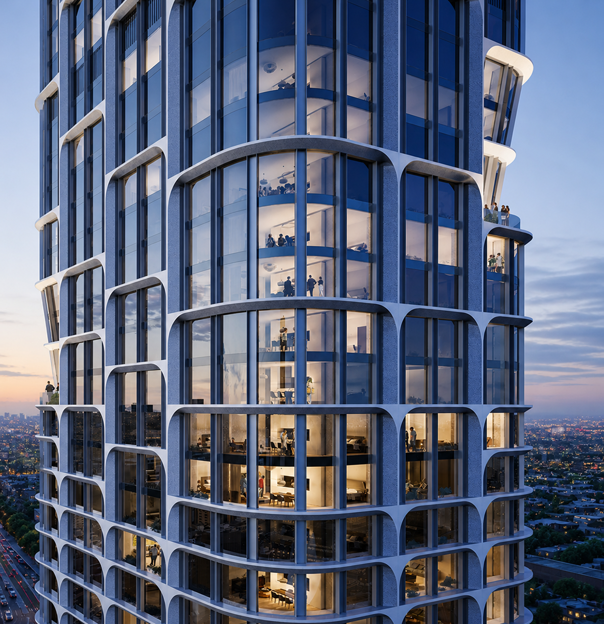 Close-up detail of the tower facade showing the distinctive curved balconies, floor-to-ceiling glazing, and architectural refinement of the Zaha Hadid design.