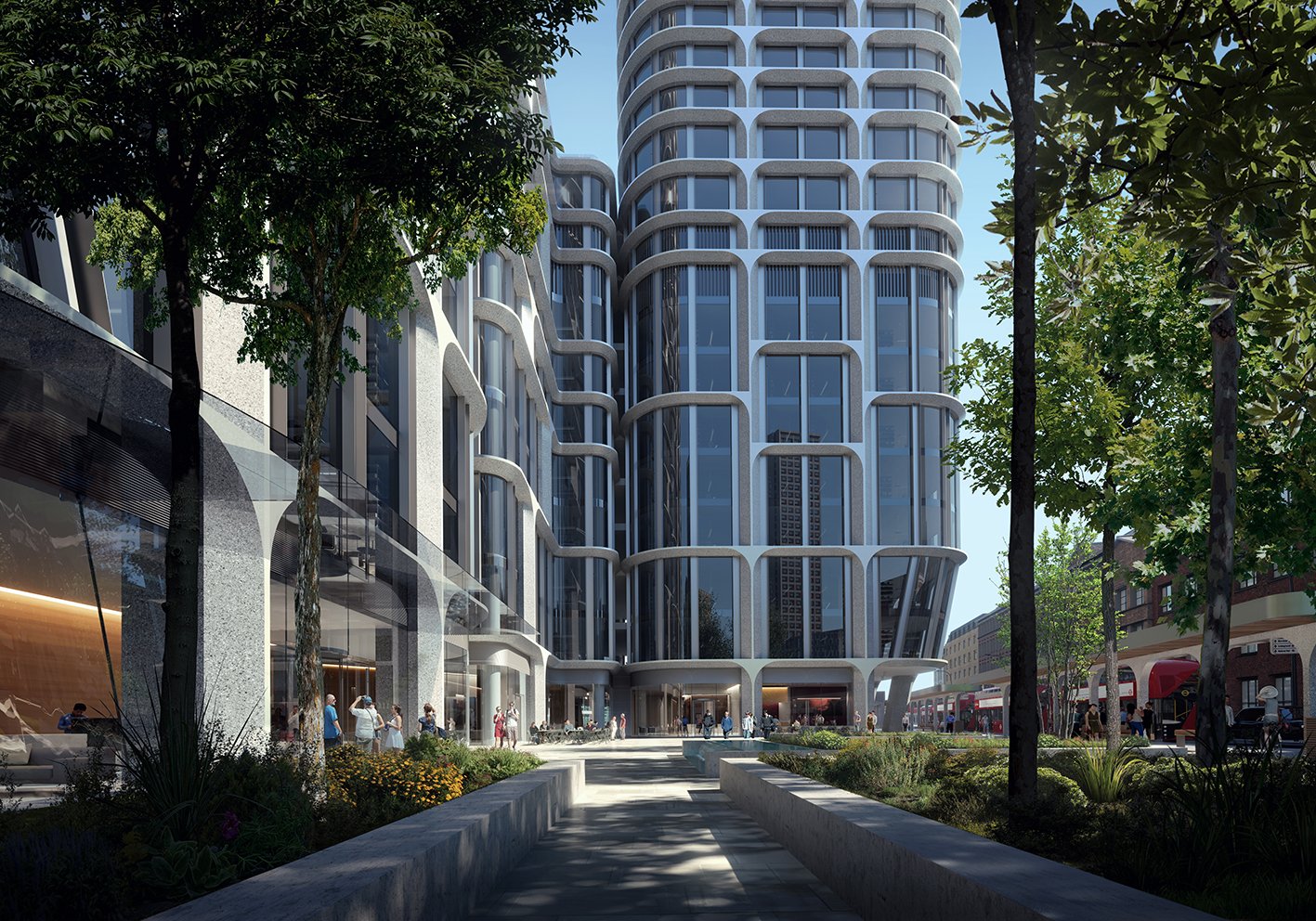 Ground-level public plaza at the base of Vauxhall Cross Island.