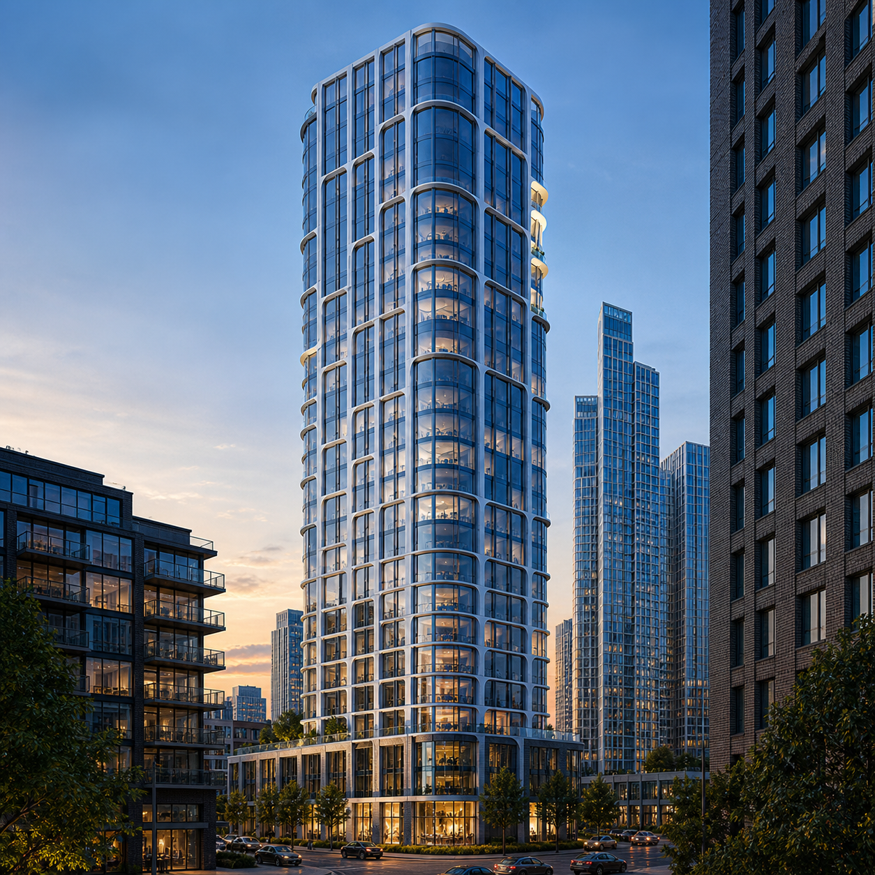 Evening view of the Vauxhall Cross Island residential towers with warm interior lighting visible through the curved glass facade.