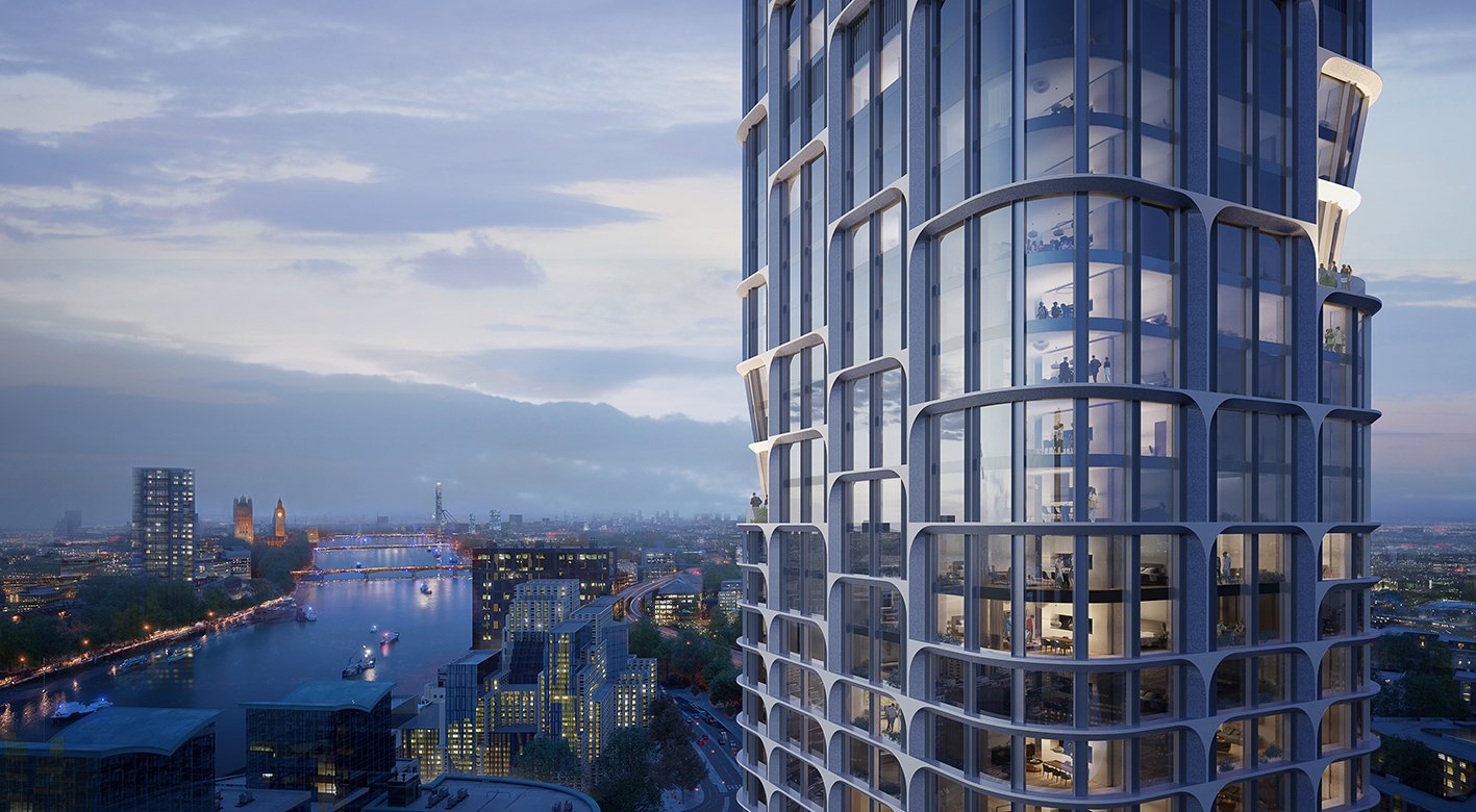 Close-up of the Vauxhall Cross Island tower facade with the Thames, Big Ben and the London skyline in the background.
