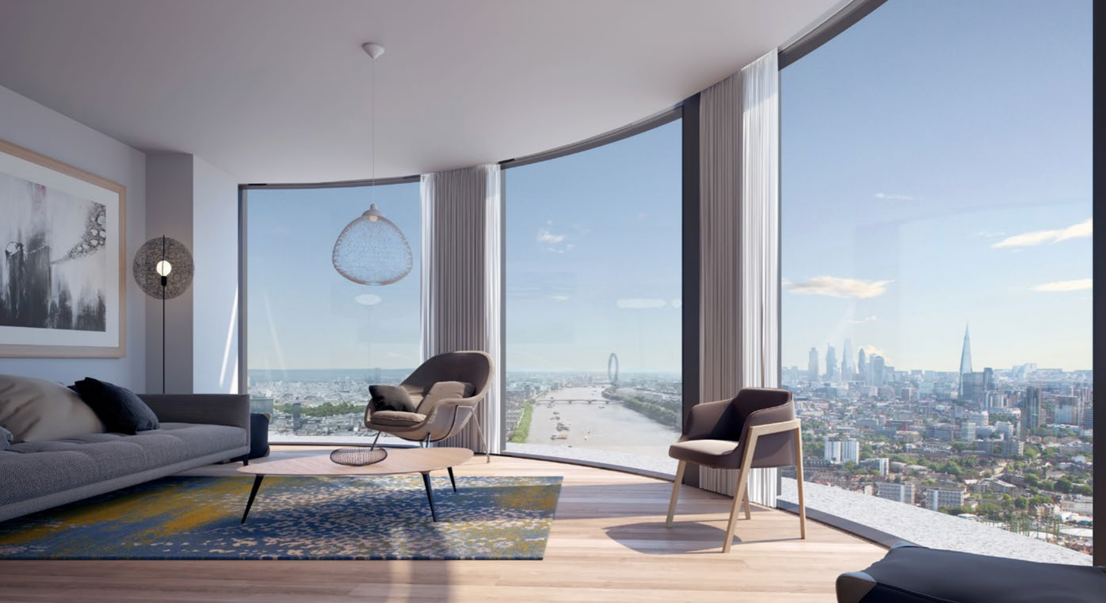 Interior view of a luxury apartment at Vauxhall Cross Island.