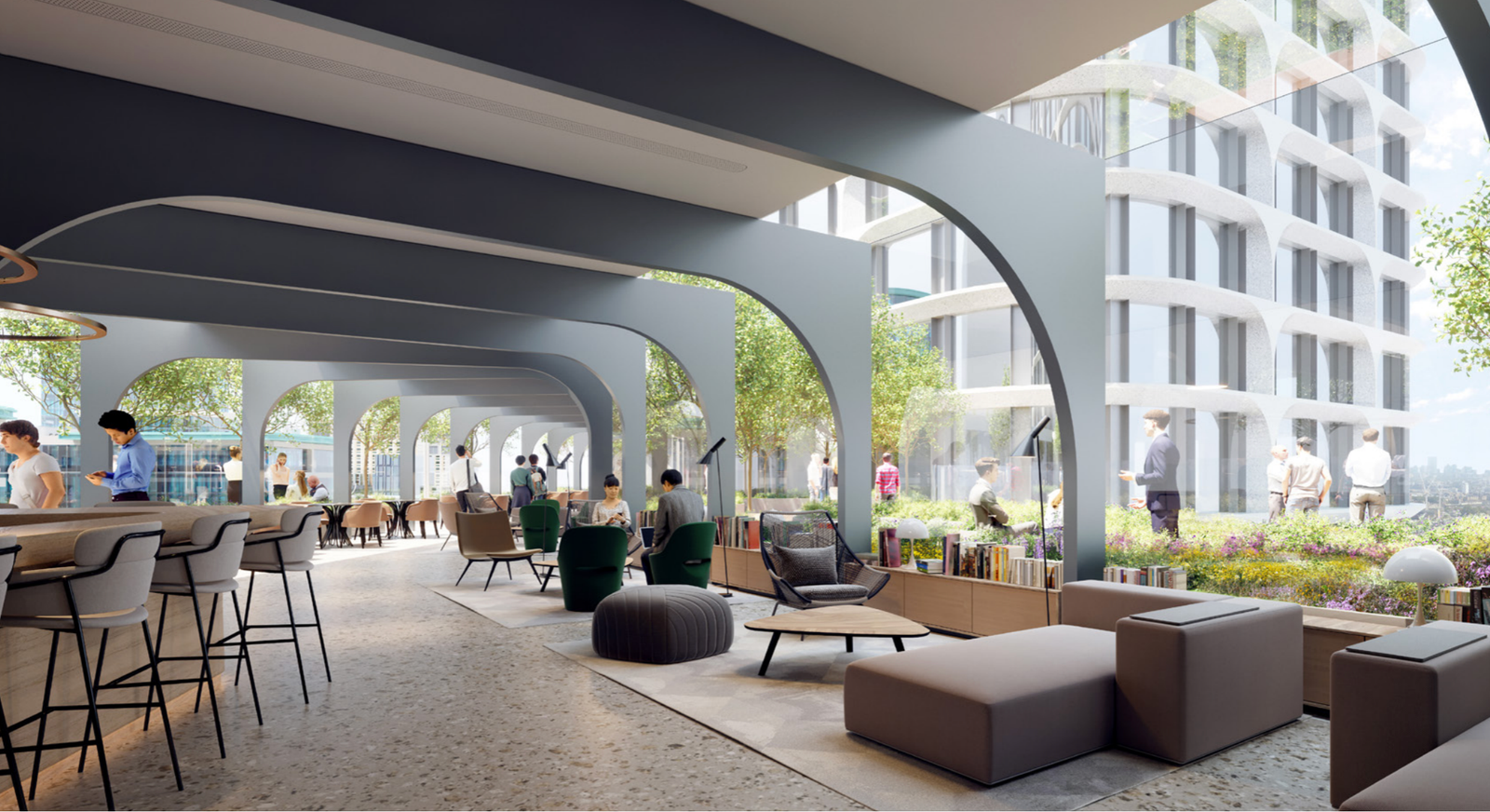 Interior view of the hotel lobby and amenity space at Vauxhall Cross Island.