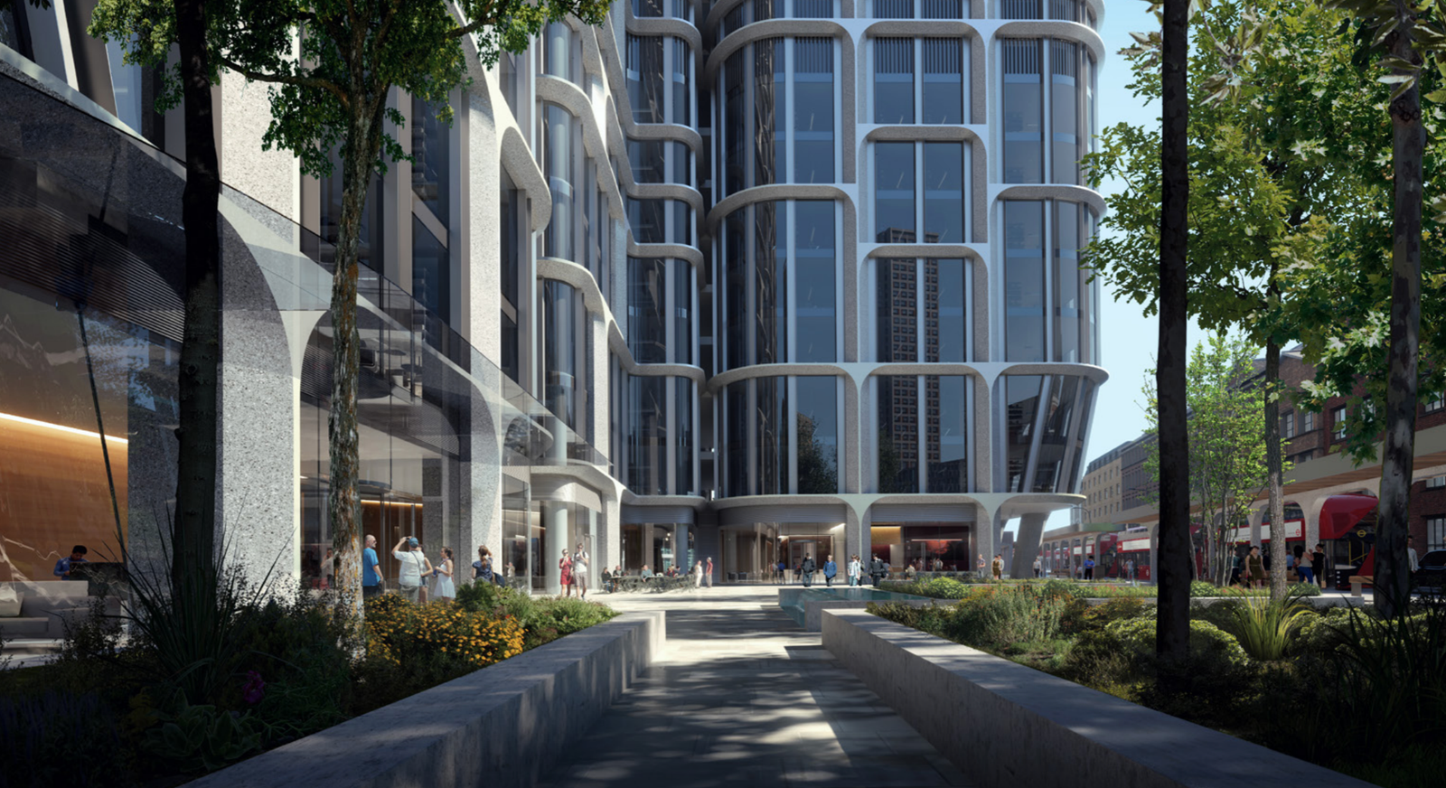Street-level view of the Vauxhall Cross Island tower podium.