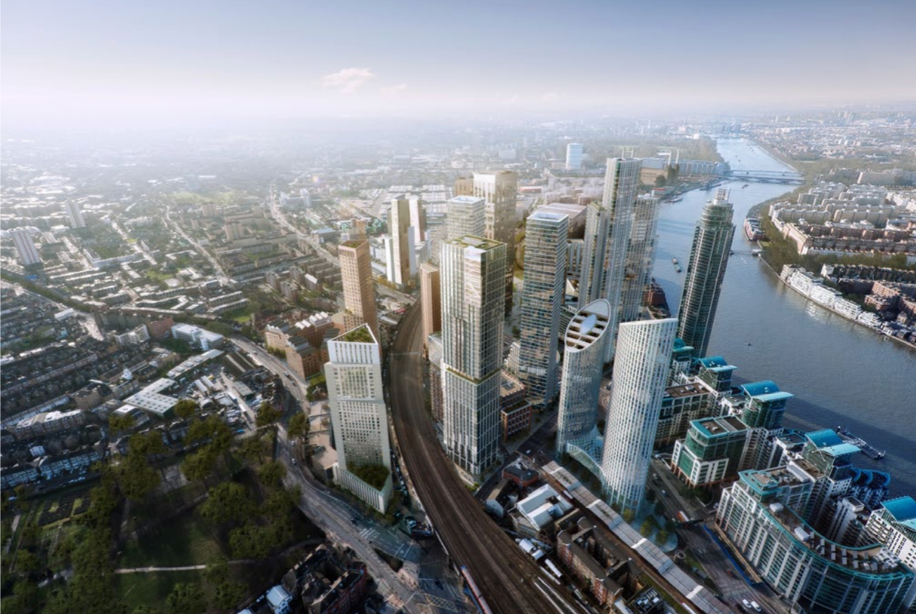 Aerial view of Vauxhall Cross Island within the wider Vauxhall Nine Elms Battersea (VNEB) Opportunity Area.